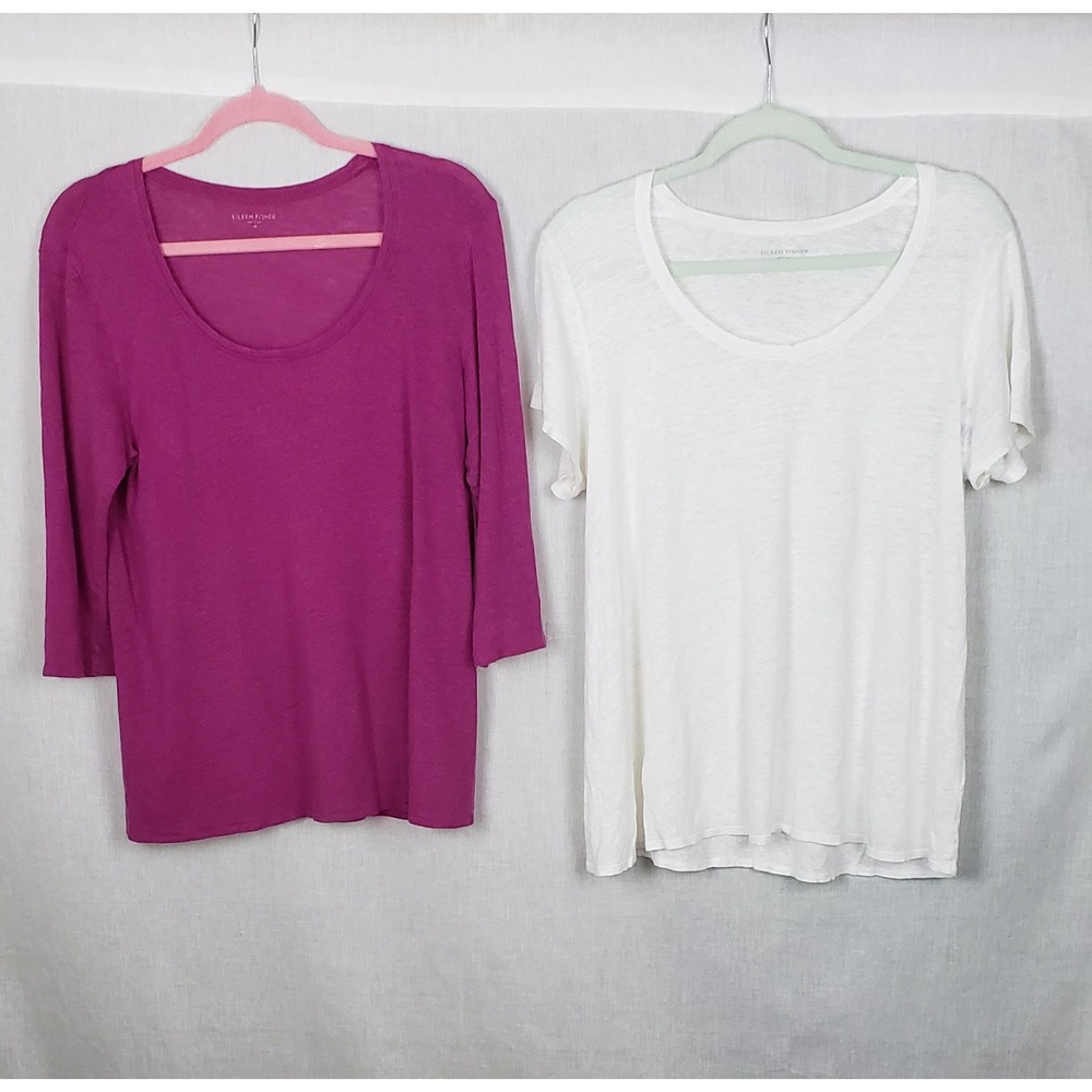 Eileen Fisher M 100% Linen Slub Tee Shirt 2 Bundle Purple White Sustainable Fall